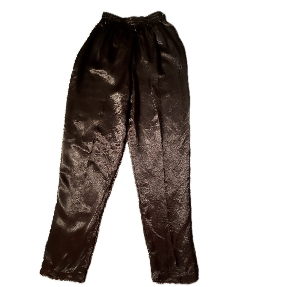 Vintage 80s Black Liquid Satin Tapered Pants Elastic Acetate Trousers Sz M Chic